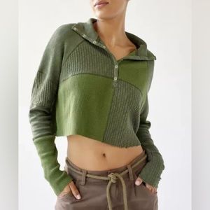 NWT! Urban Outfitters BDG Tabby Thermal Henley Cropped Top Green Size Large